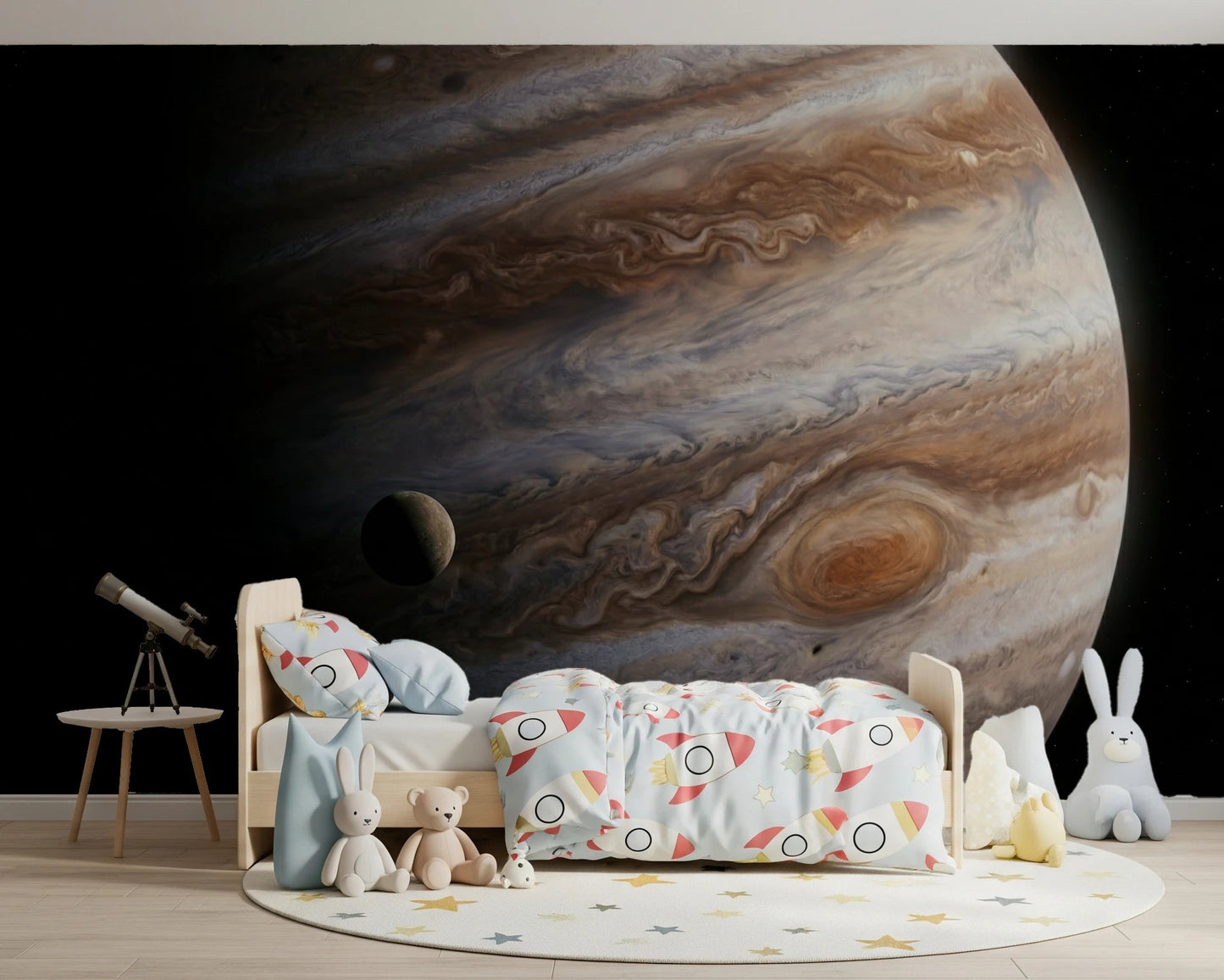 Soft bedding and plush toys feel playful beneath the giant storm bands of this mural