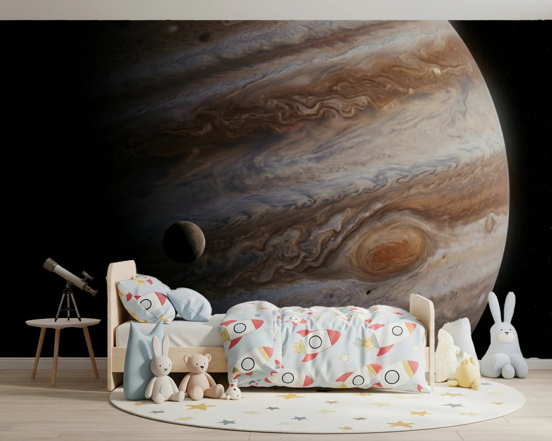 Soft bedding and plush toys feel playful beneath the giant storm bands of this mural