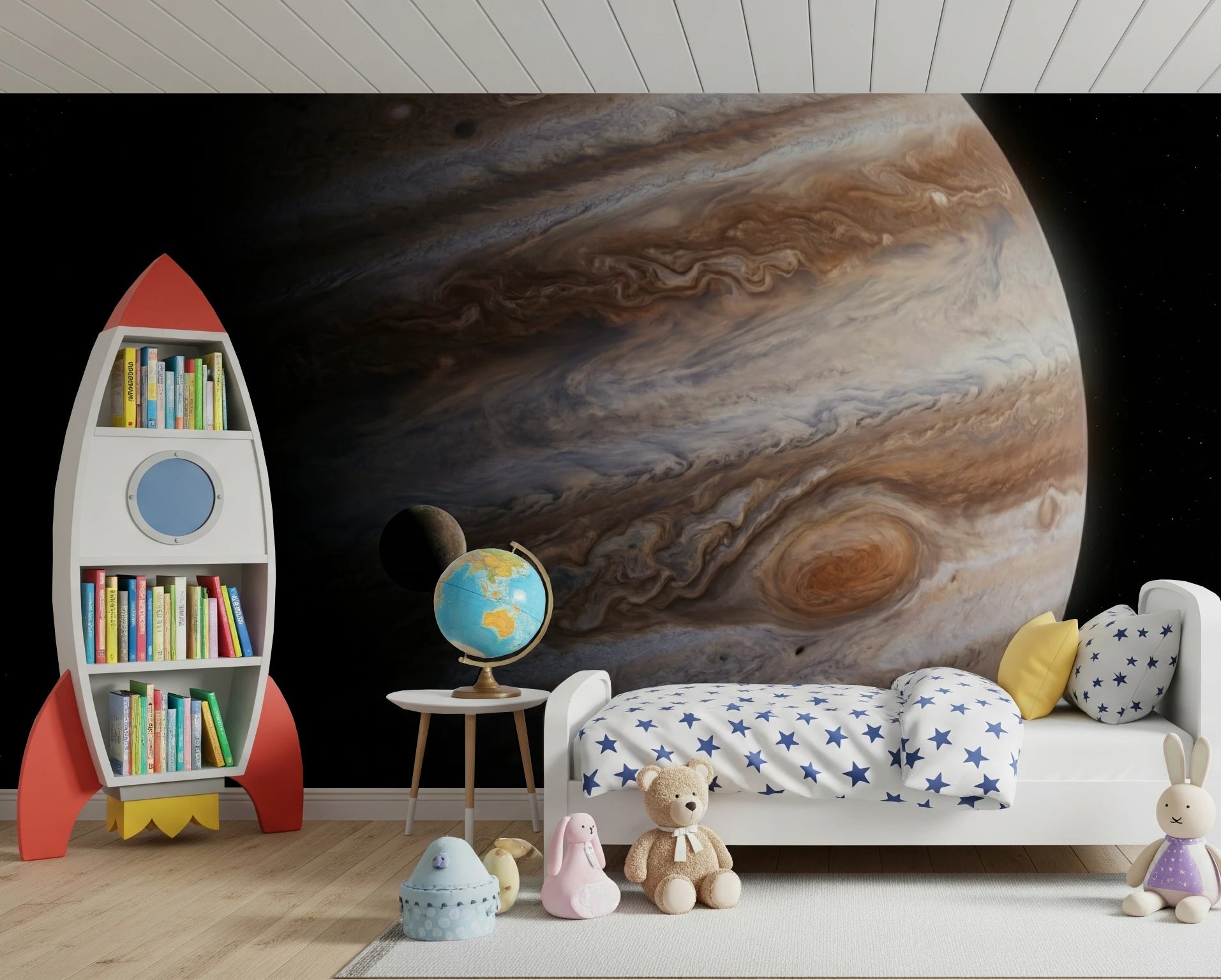 Rocket-bookcase decor pairs naturally with the sweeping curves of this wall mural