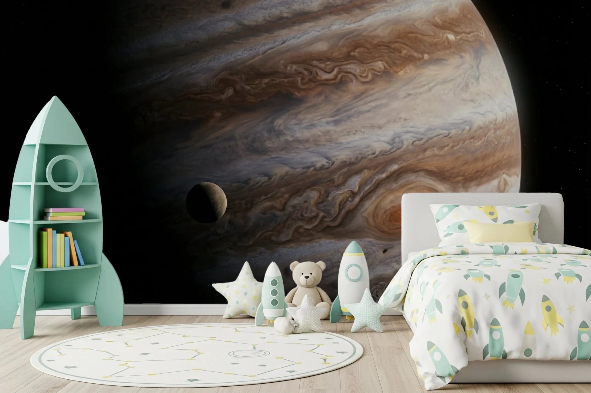 Rocket shelf styling works beautifully with the deep planetary detail across this wall