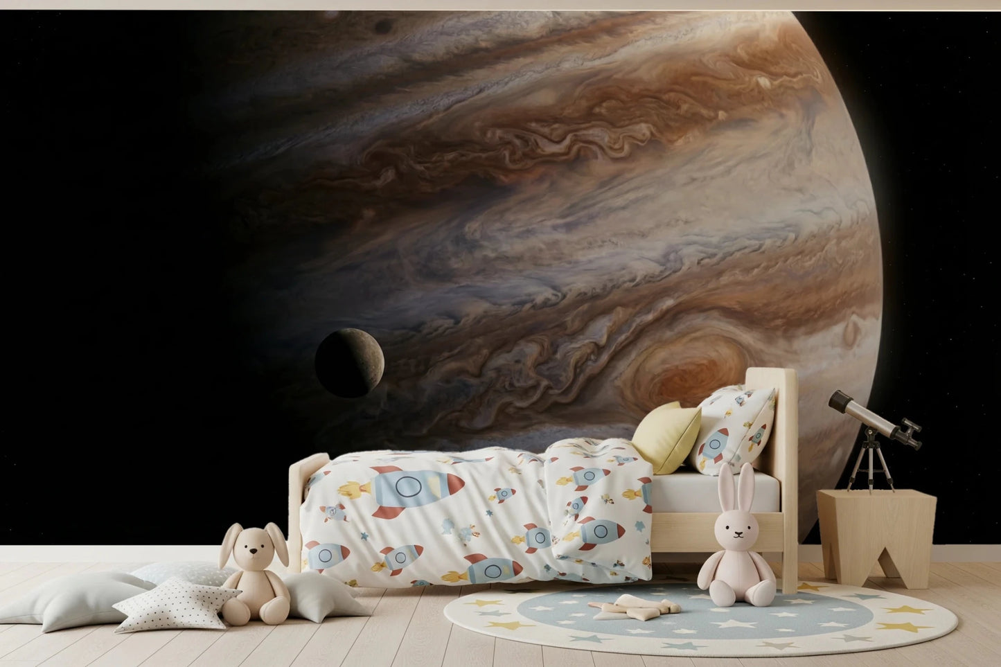 This low kids bed gains a cosmic focal point from The Dance of Storms Wall Mural