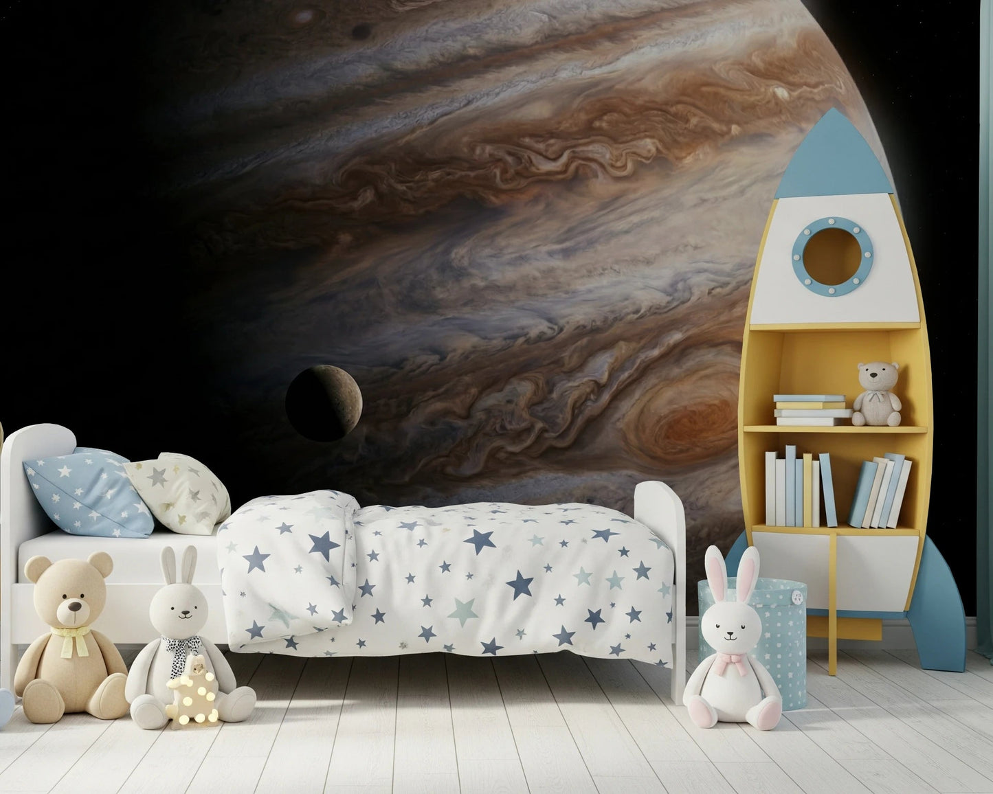 A story-led bedroom scene feels more adventurous with this stormy space mural behind it