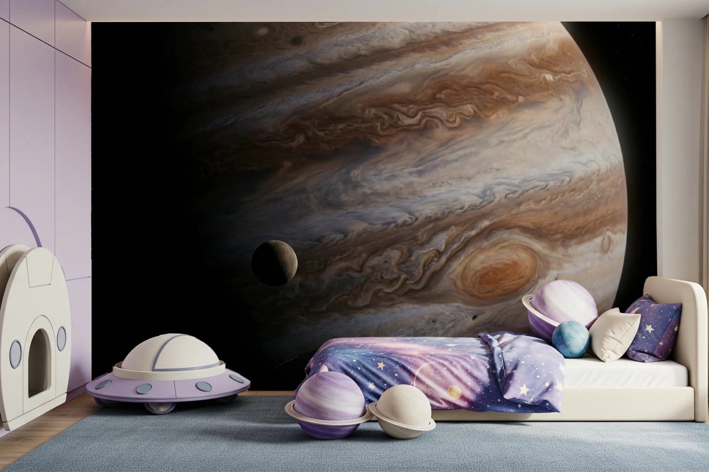 This child’s room feels bright and imaginative with the giant planet mural in view