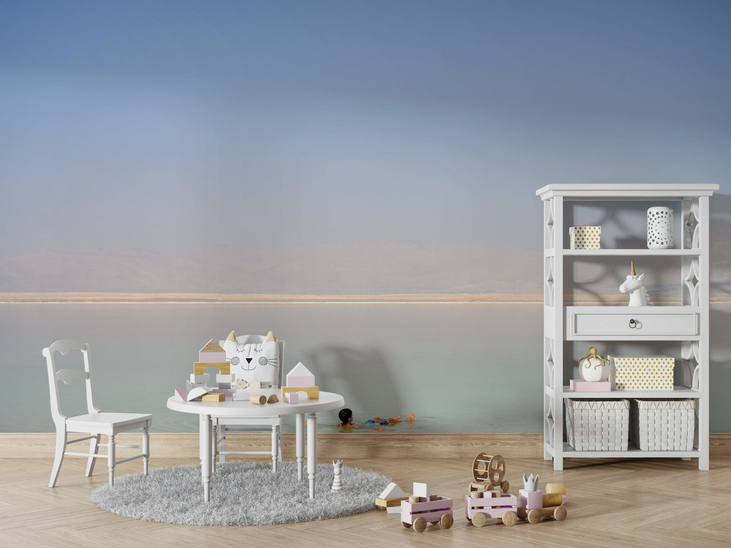 A graceful mineral deposit wall mural in cool, natural tones.

