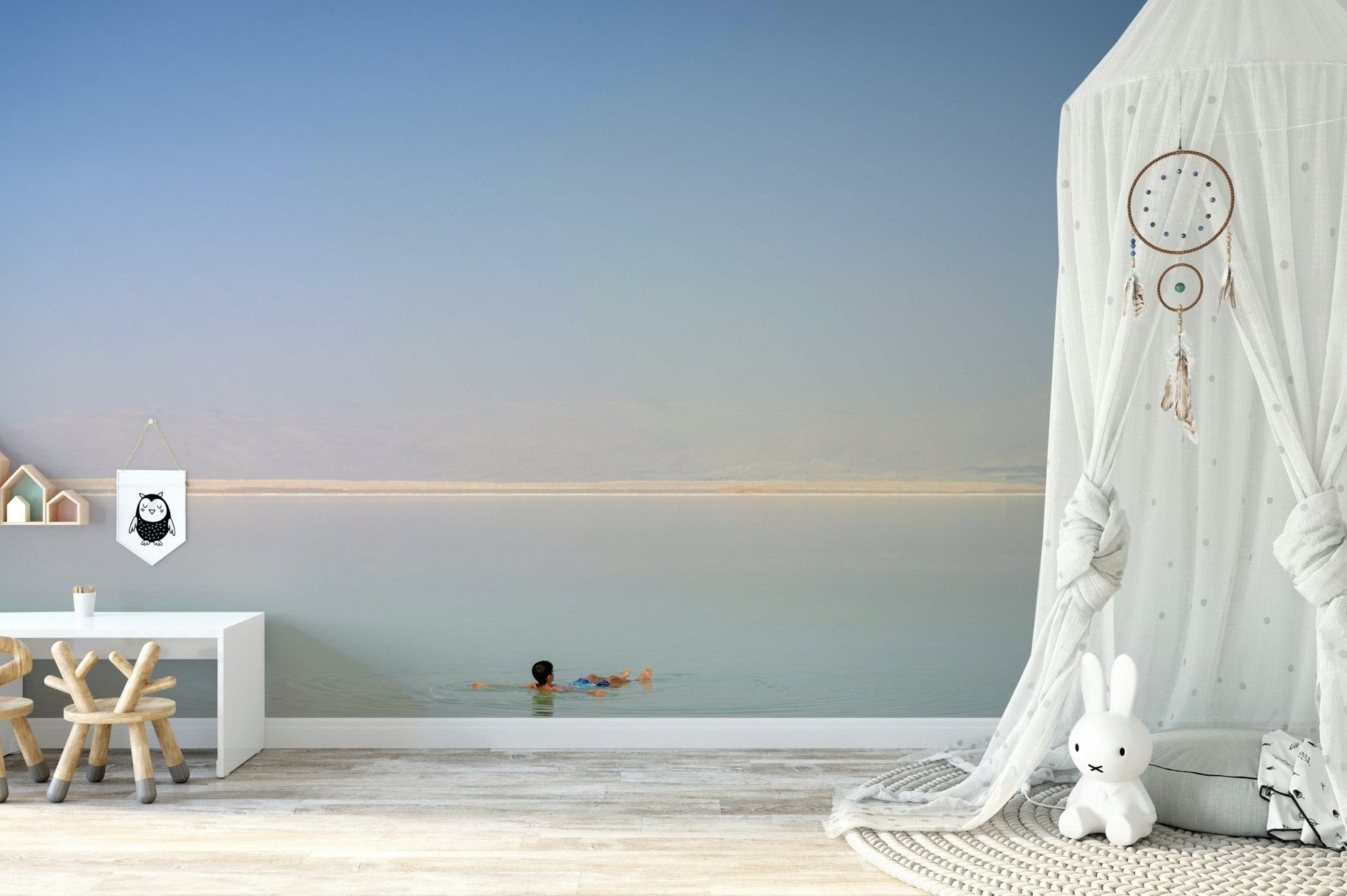 A beautiful Dead Sea wallpaper mural with salt formations.

