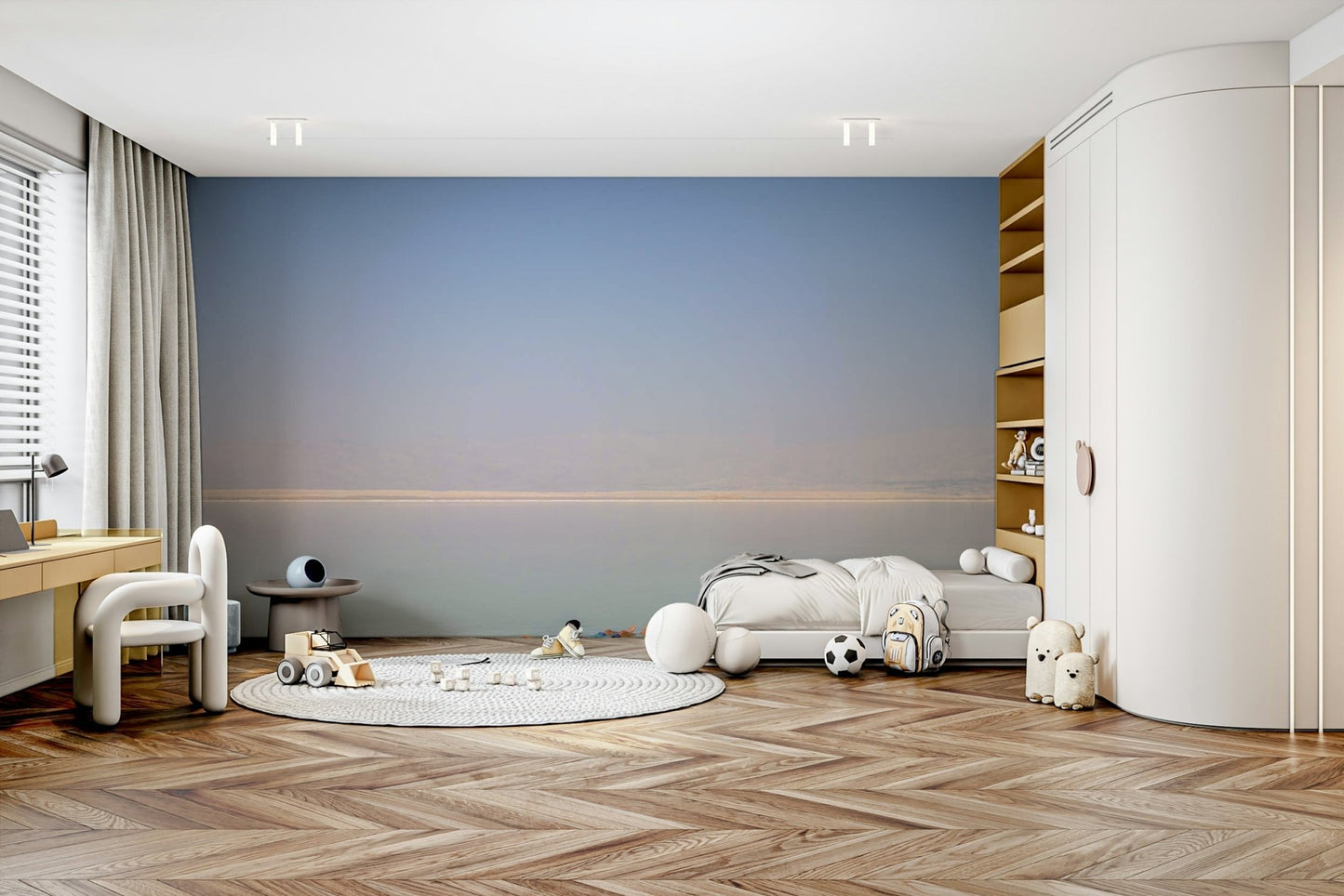 A peaceful coastal scene mural on decorative wallpaper.

