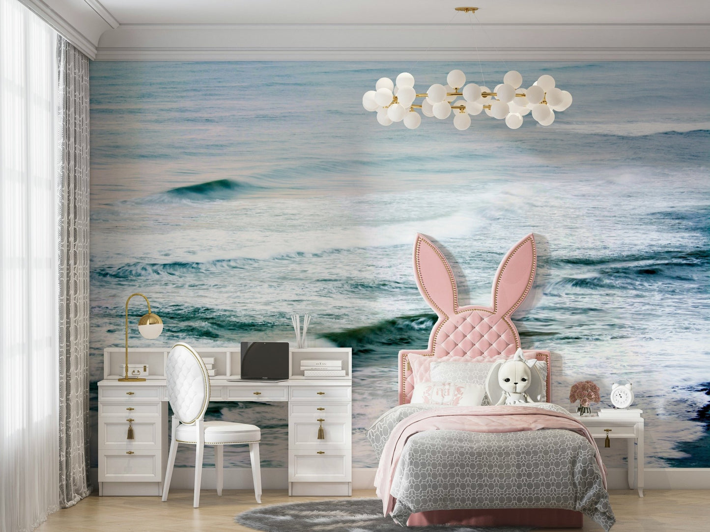An artistic nautical scene mural on minimalist wallpaper.

