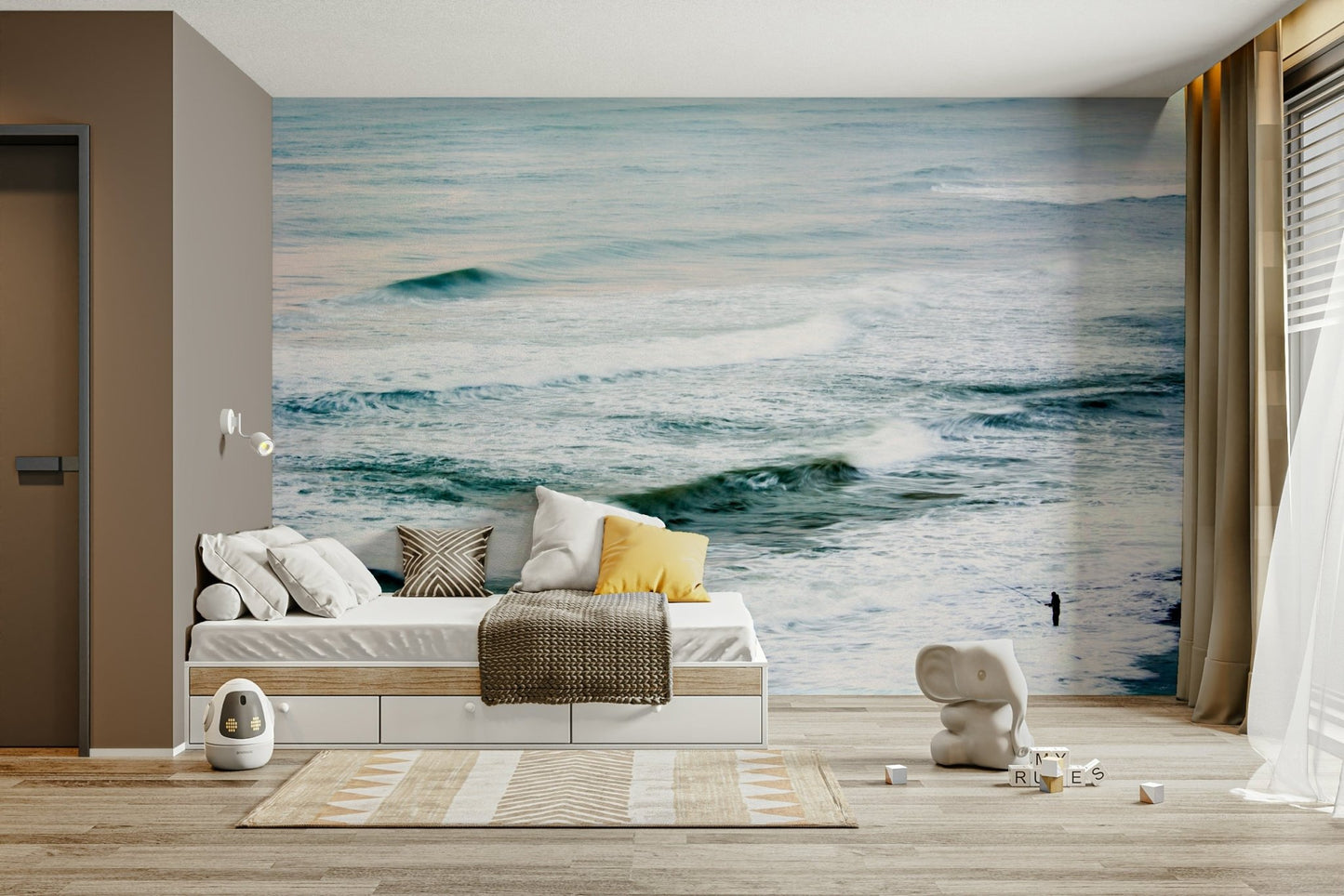 A graceful subtle boat wall mural in cool, natural tones.

