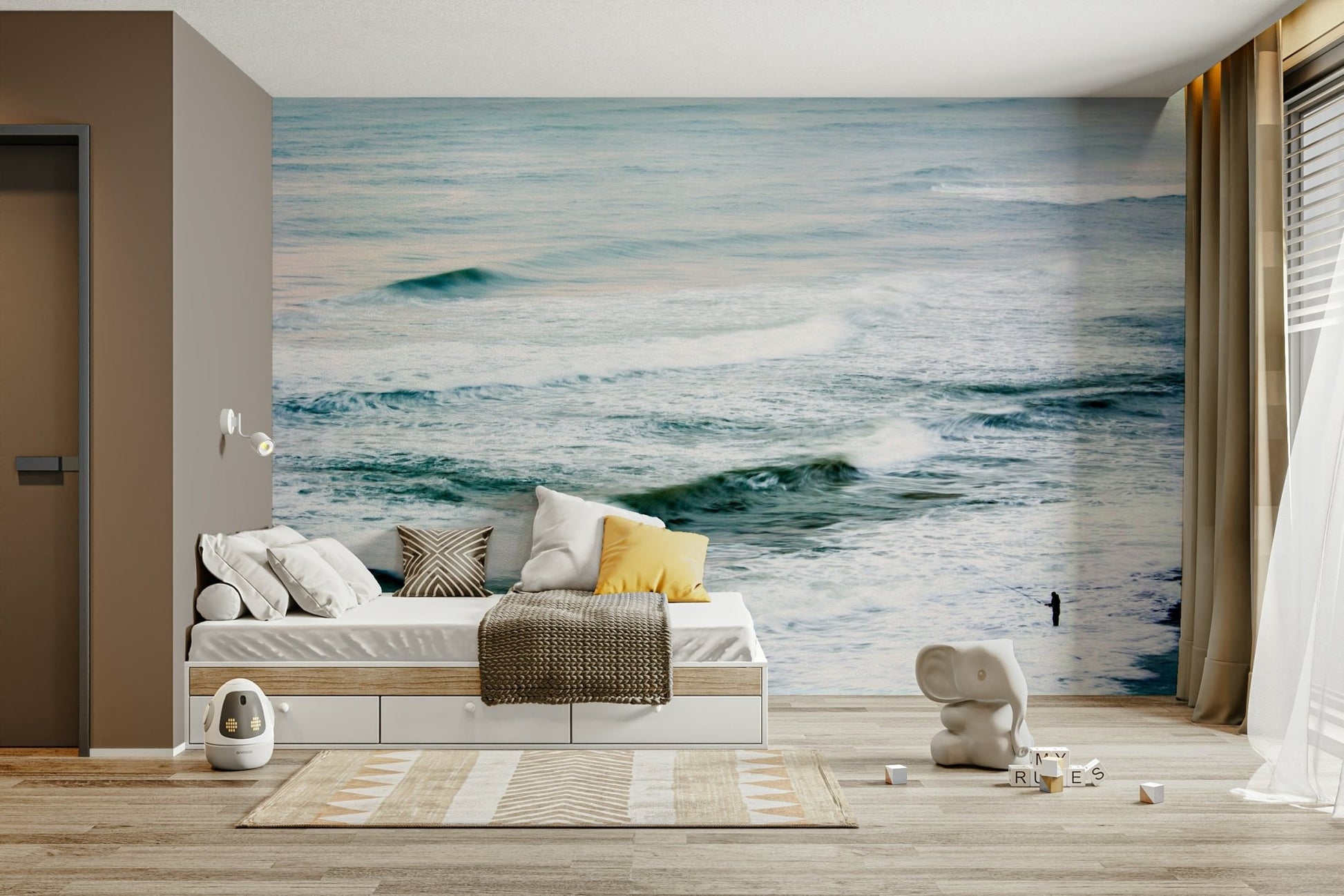 A graceful subtle boat wall mural in cool, natural tones.

