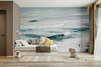 A graceful subtle boat wall mural in cool, natural tones.


