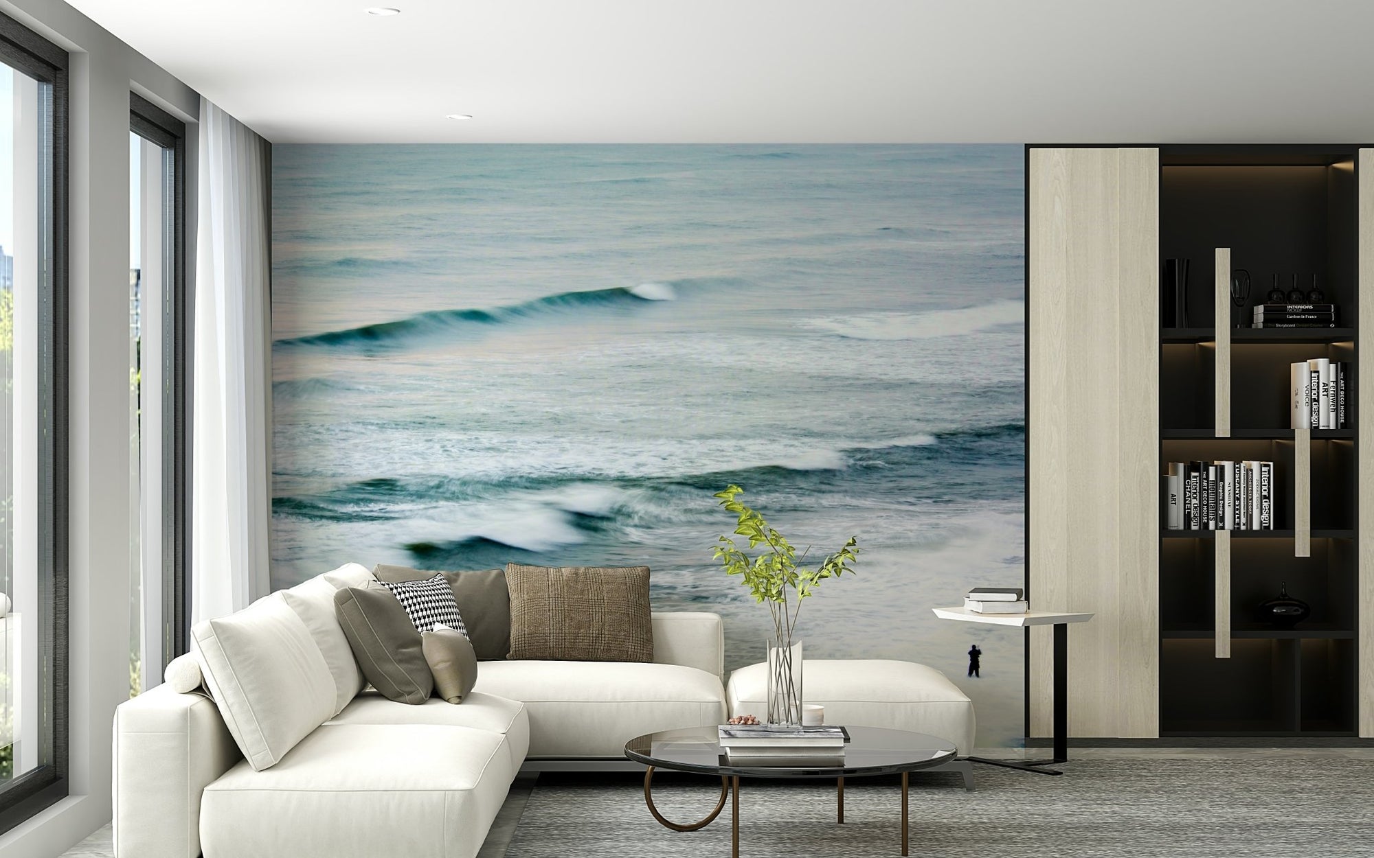 Breaking waves roll toward a tiny figure, the fisherman II wall mural GD4805
