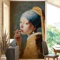 The GIrl With The Pearl Earring Is Smoking A Joint Wall Mural

