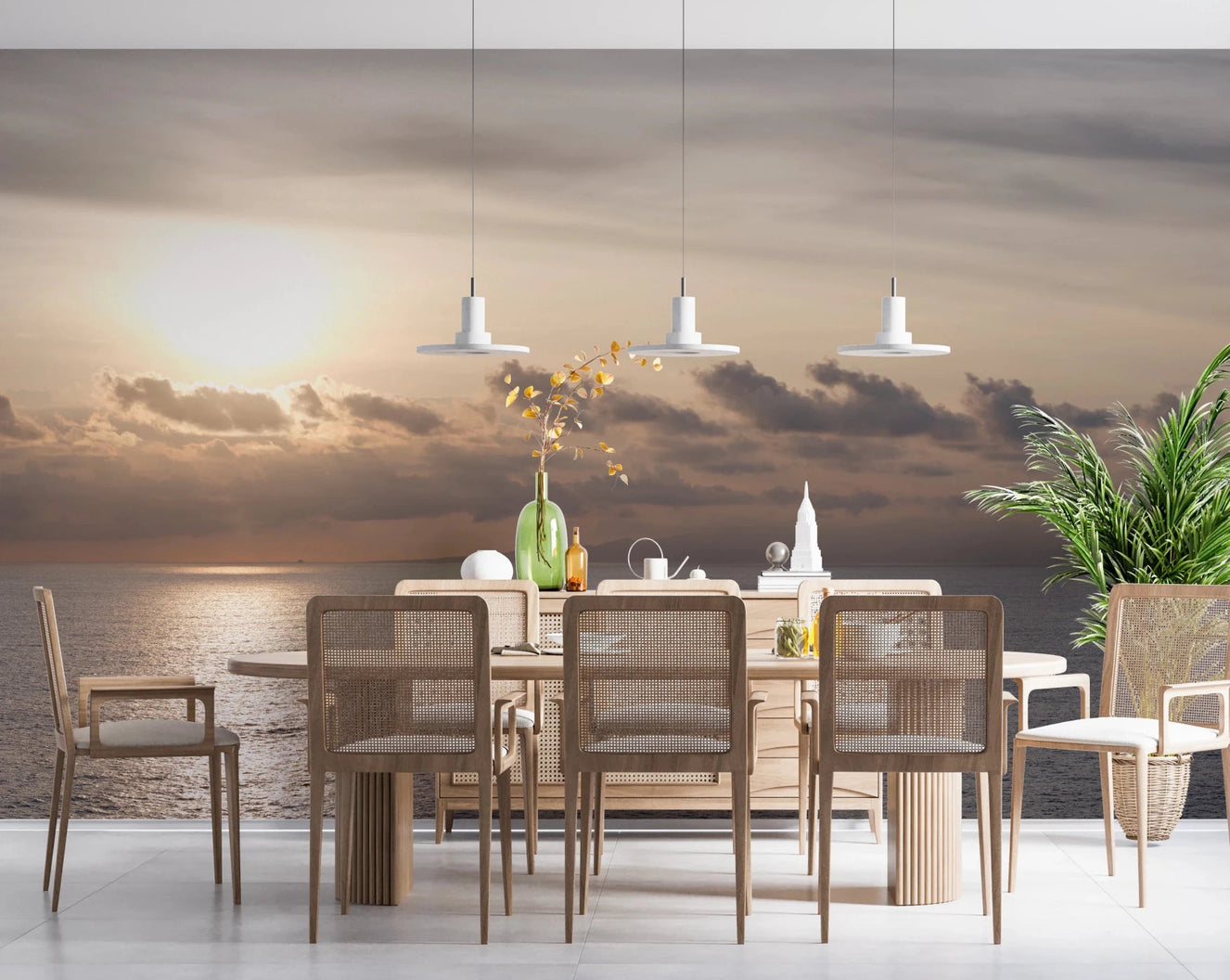 Dining room with The Glow of Dusk Wall Mural behind a wood table set