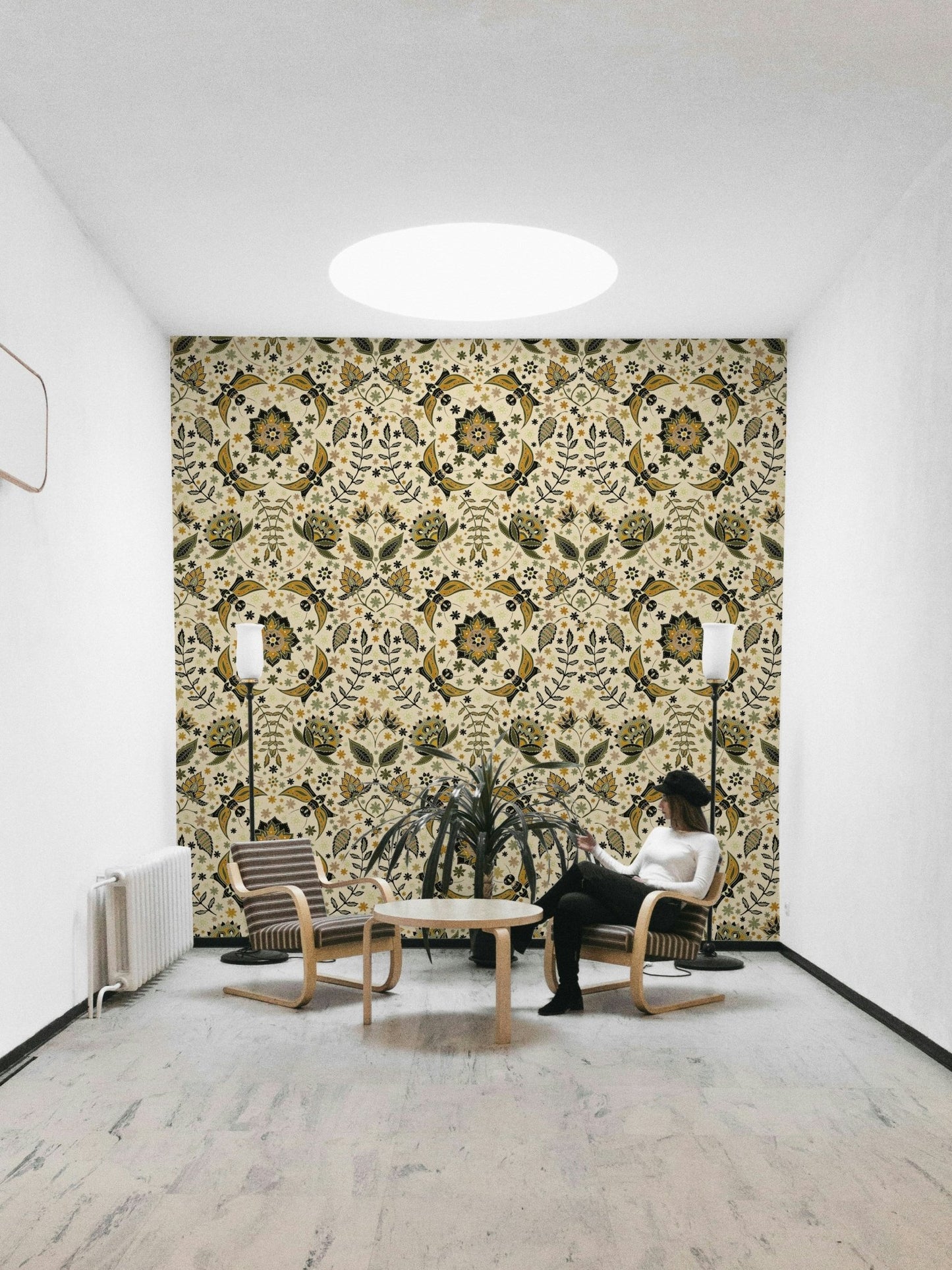 Golden moths fluttering among blooming garden florals wallpaper.


