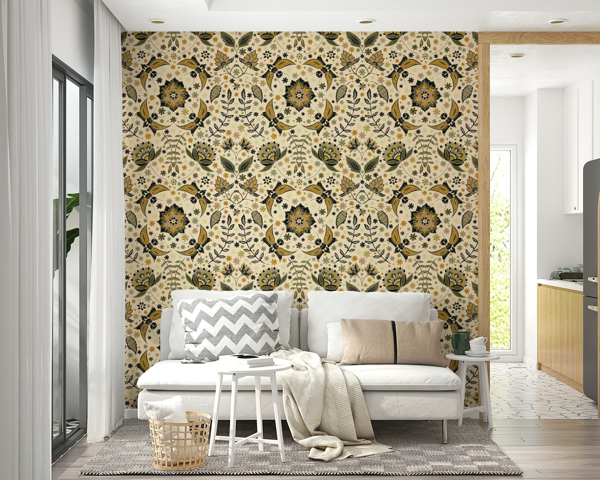 Artistic wallpaper showing metallic moths in an enchanted garden.

