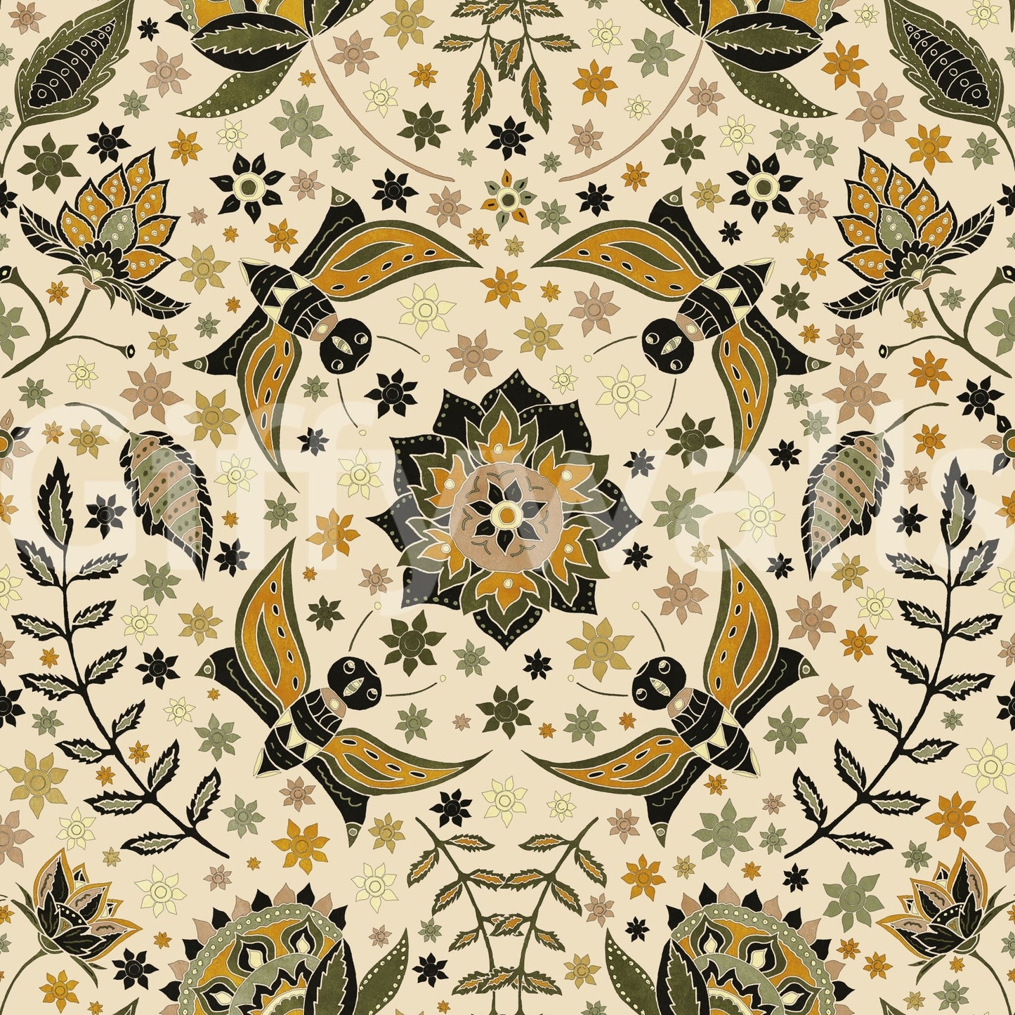 Elegant mural wallpaper of golden-winged moths in a twilight garden.

