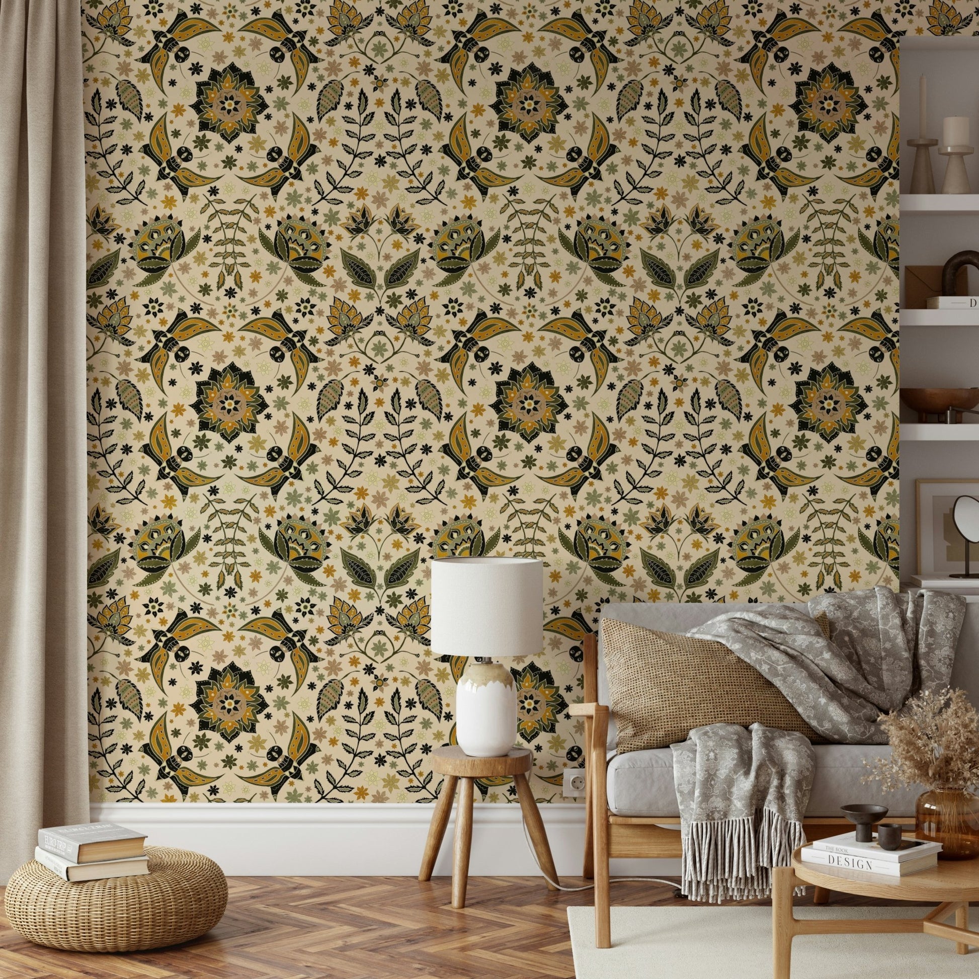 Ornate design of golden moths over lush, illustrated foliage.


