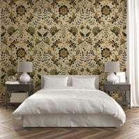 Dark floral background with shimmering gold moths and vines.

