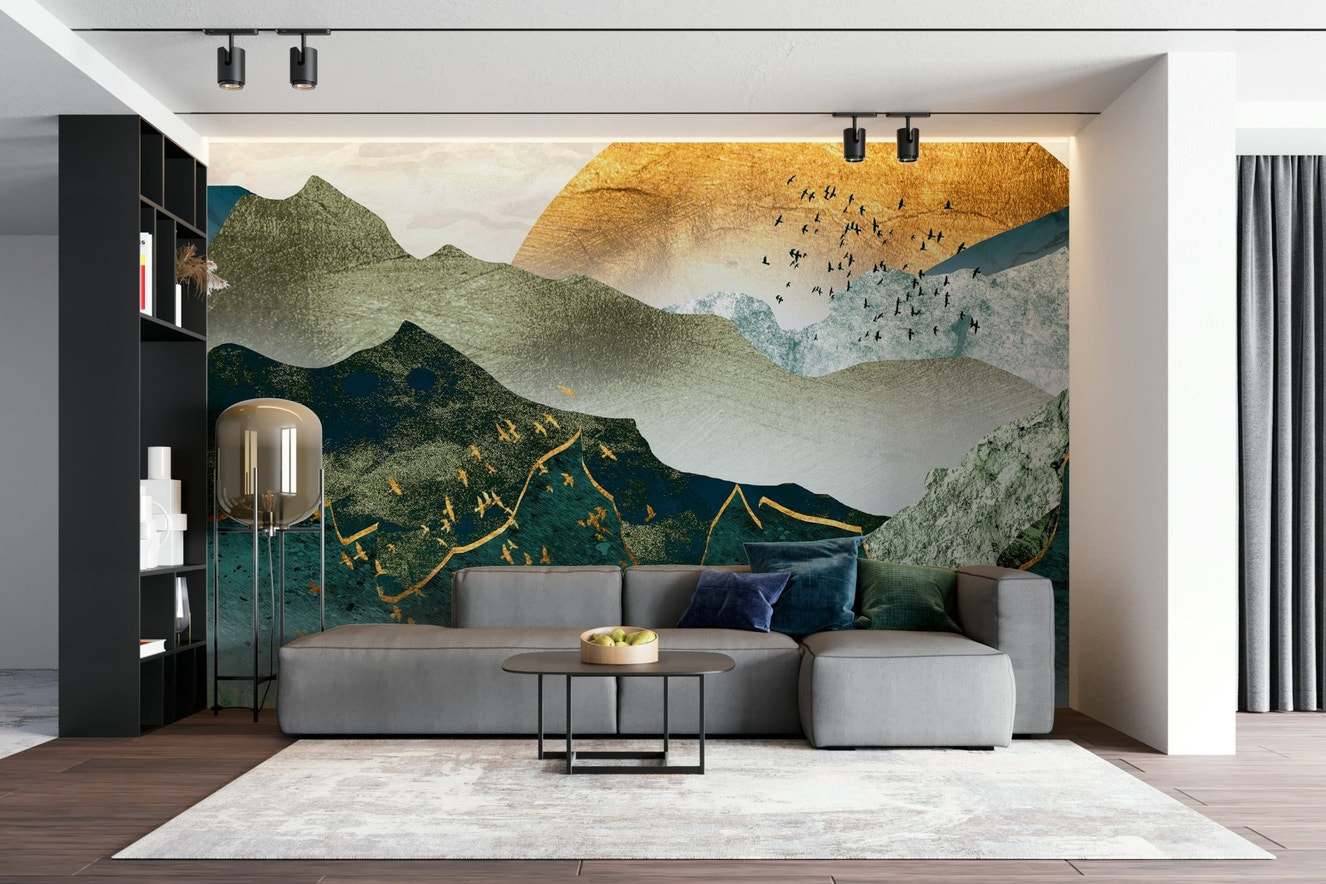 Green and gold mountain sunset wallpaper