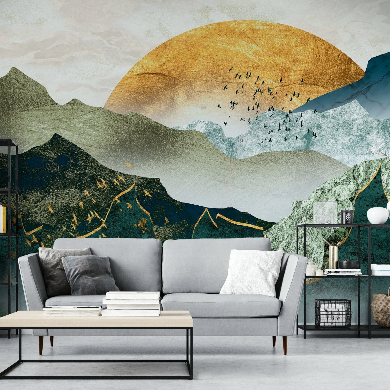 Green and gold sunset mountain mural
 GD096
