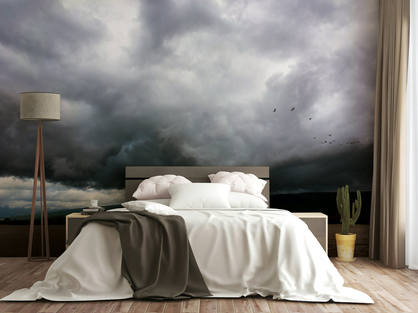 An artistic scenic vista mural on minimalist wallpaper.

