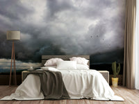 An artistic scenic vista mural on minimalist wallpaper.

