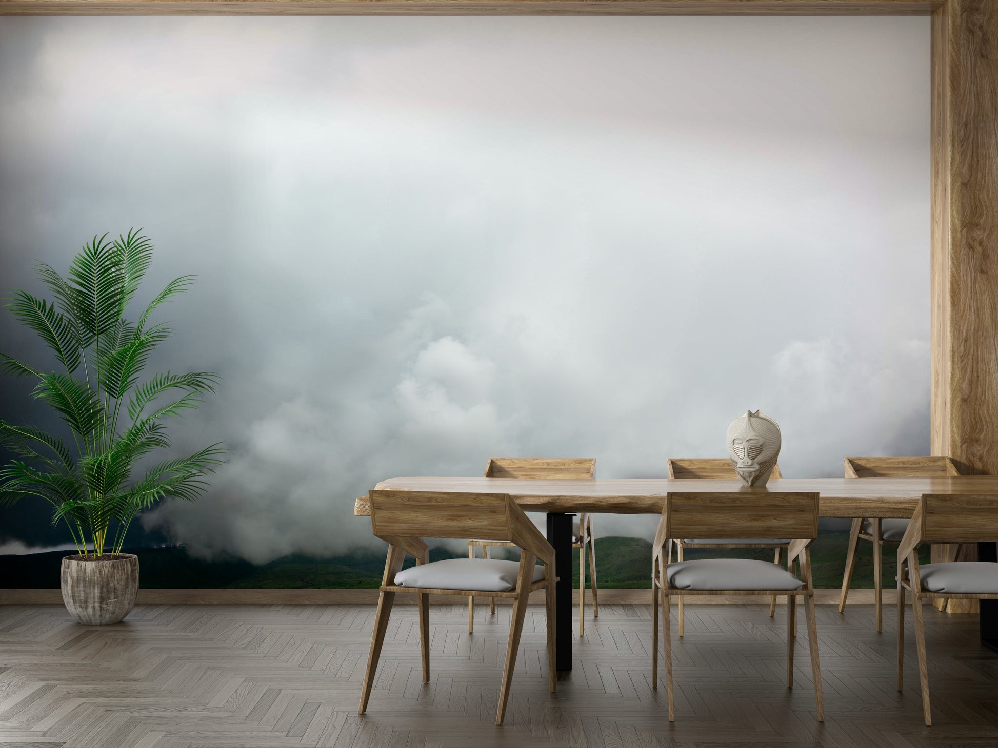 A peaceful agricultural mural on decorative wallpaper.

