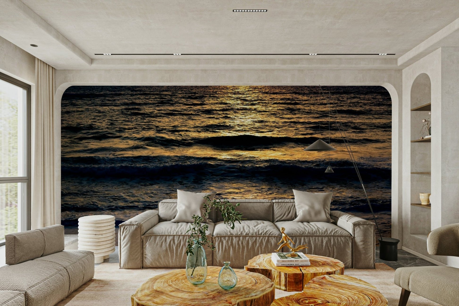 An artistic human element mural on minimalist wallpaper.

