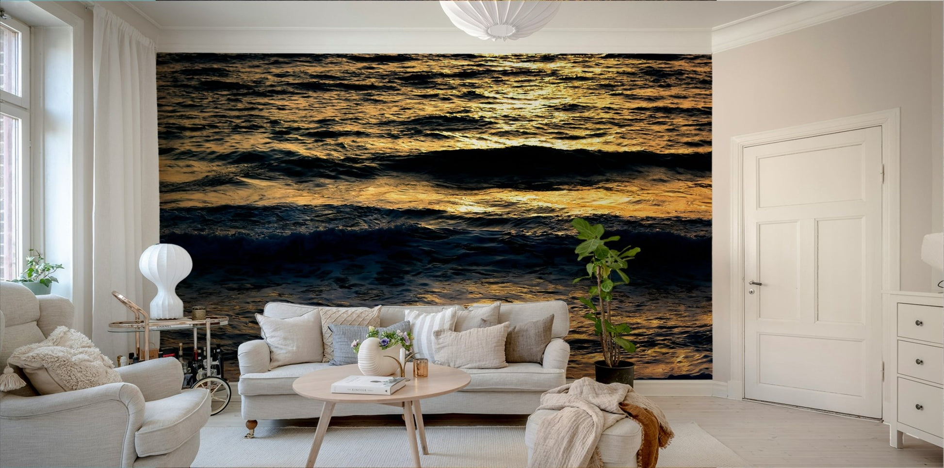 A peaceful abstract human mural on decorative wallpaper.

