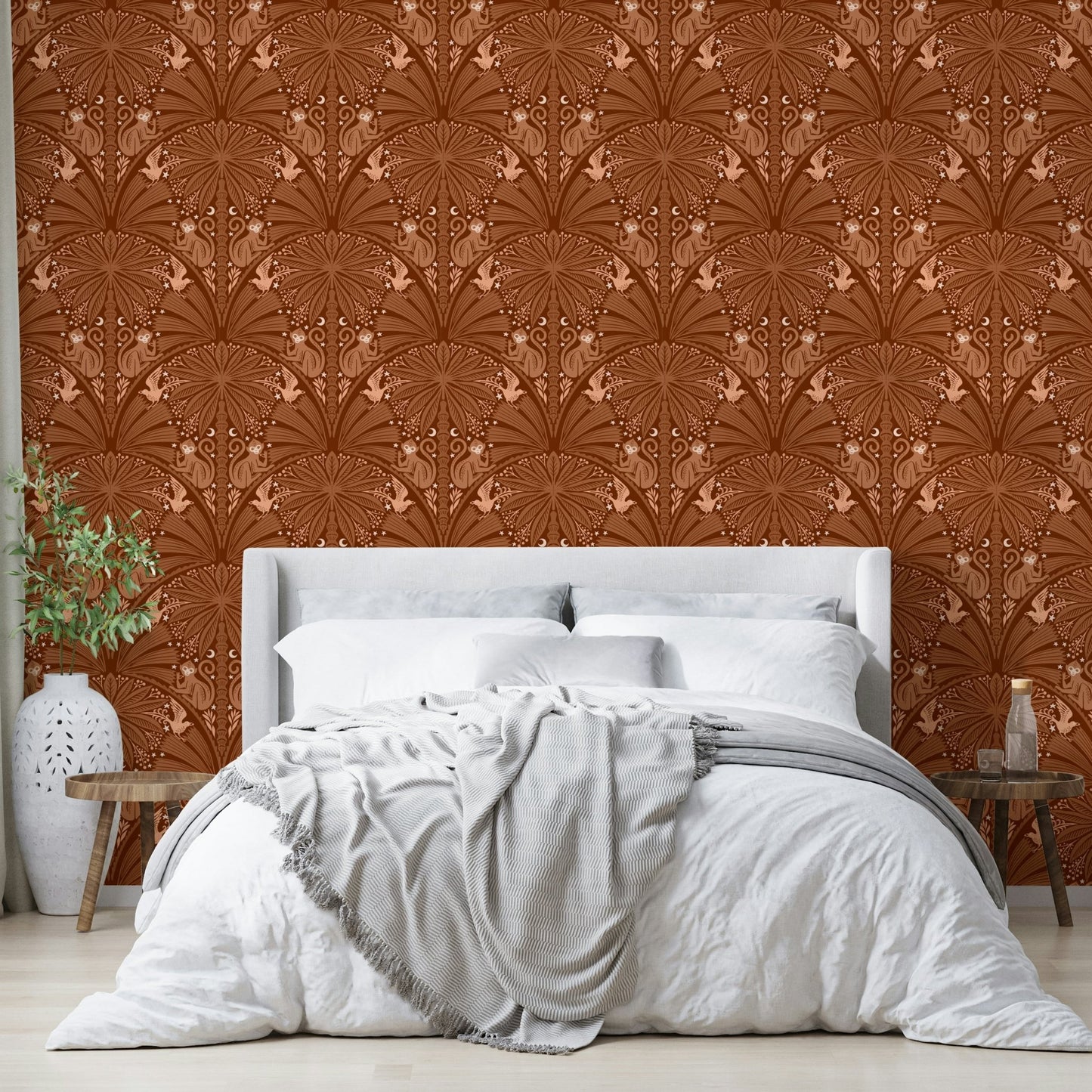Vibrant wallpaper with monkeys and birds

