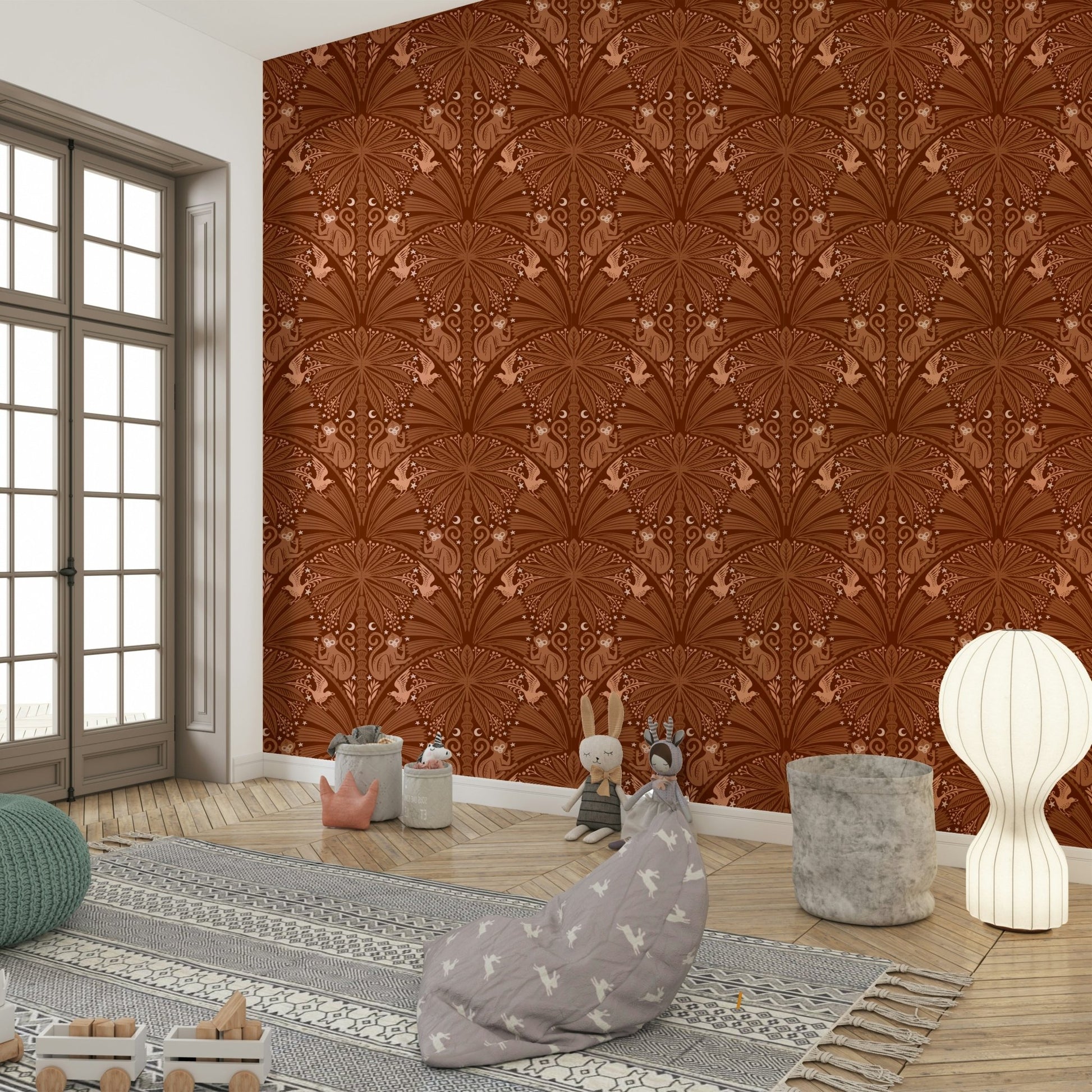 Playful monkey and bird wallpaper pattern


