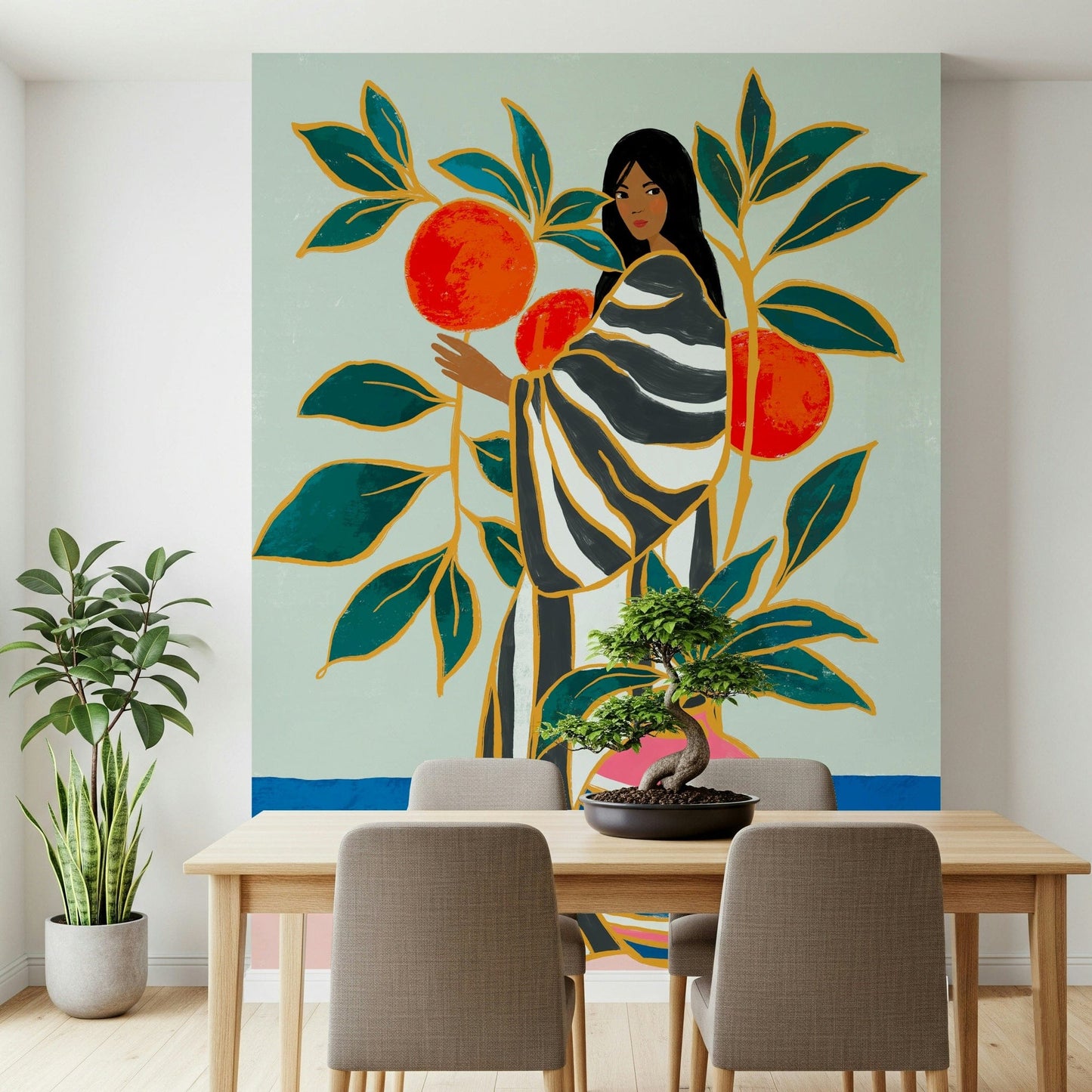 Dining room setup feels bold with The Keeper of Oranges wall mural artwork