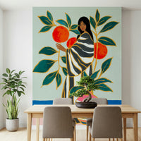 Dining room setup feels bold with The Keeper of Oranges wall mural artwork