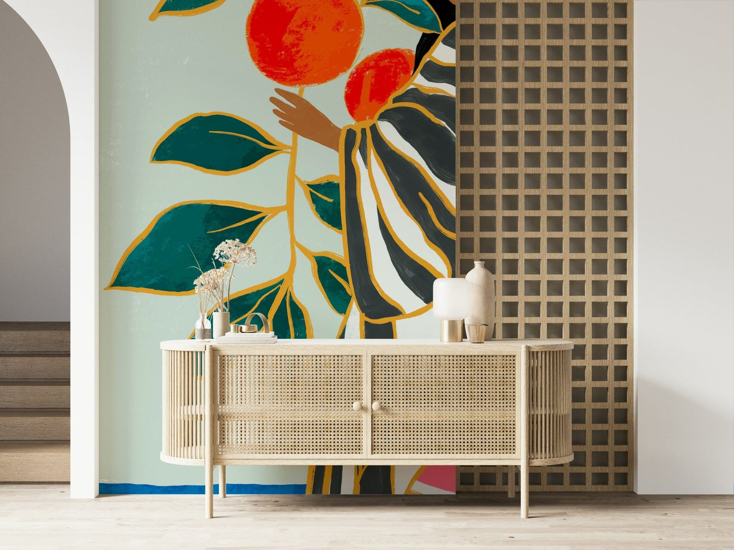 Along the hallway, The Keeper of Oranges wall mural adds visual storytelling