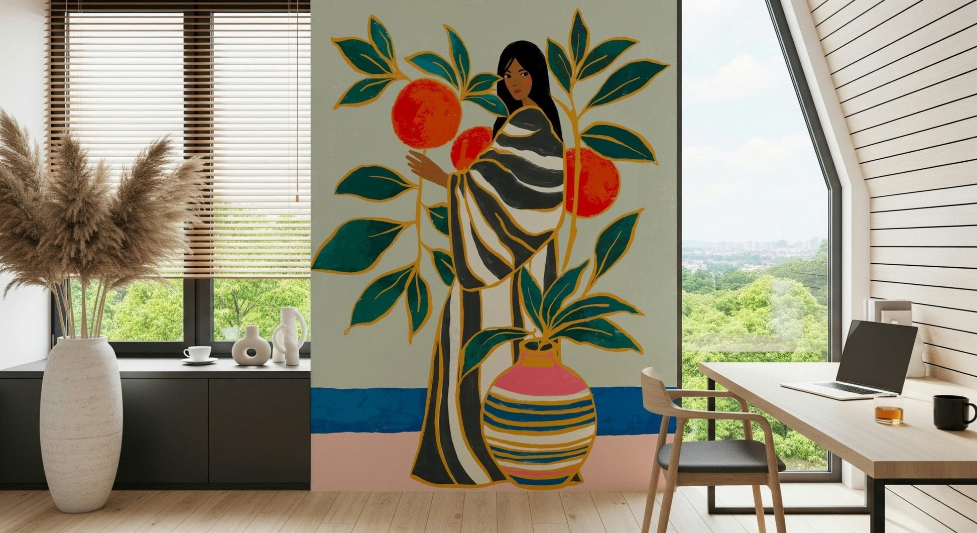 Office home space feels lively with The Keeper of Oranges wall mural colors