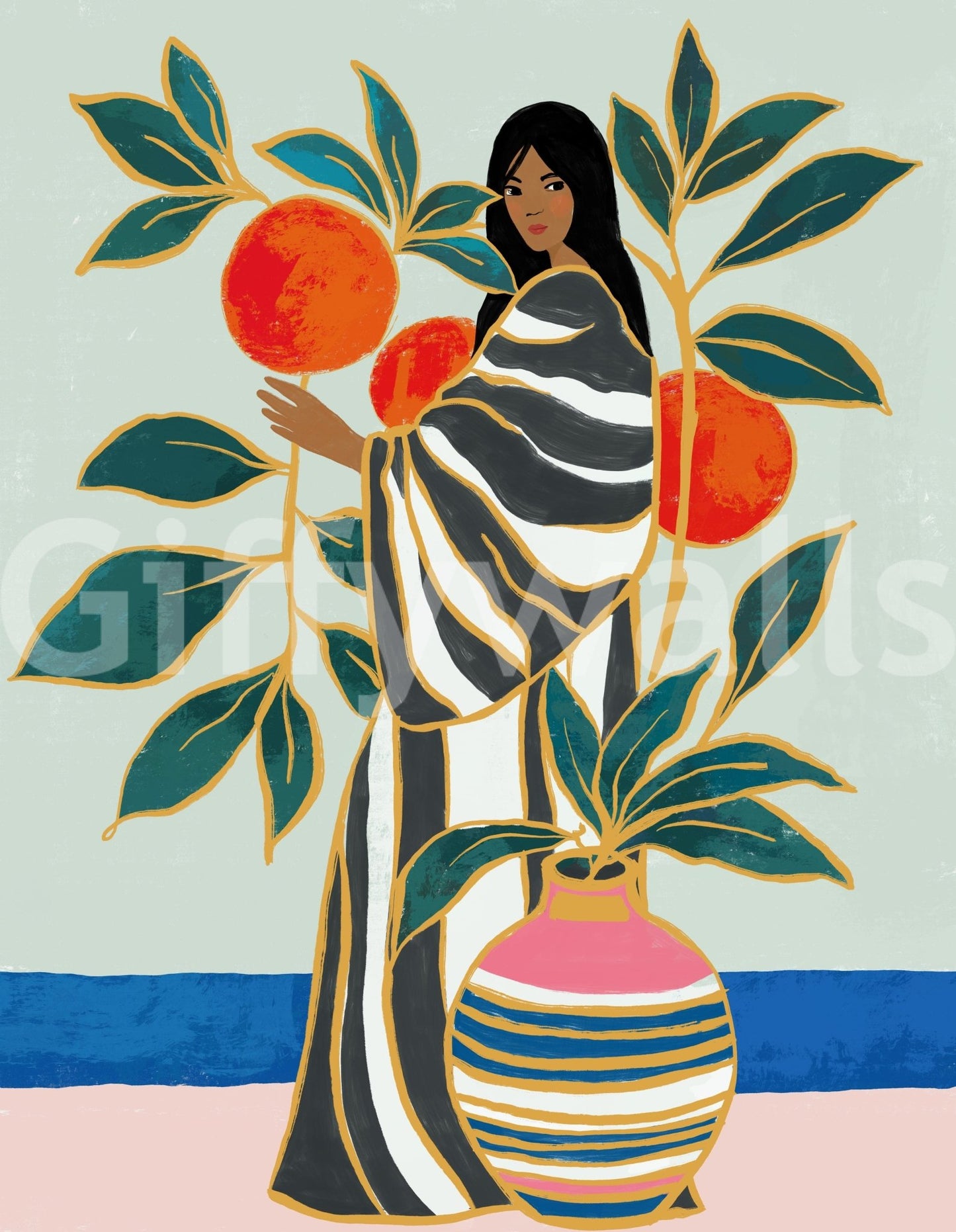 Artistic figure in The Keeper of Oranges wall mural with bold botanical shapes