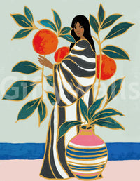 Artistic figure in The Keeper of Oranges wall mural with bold botanical shapes