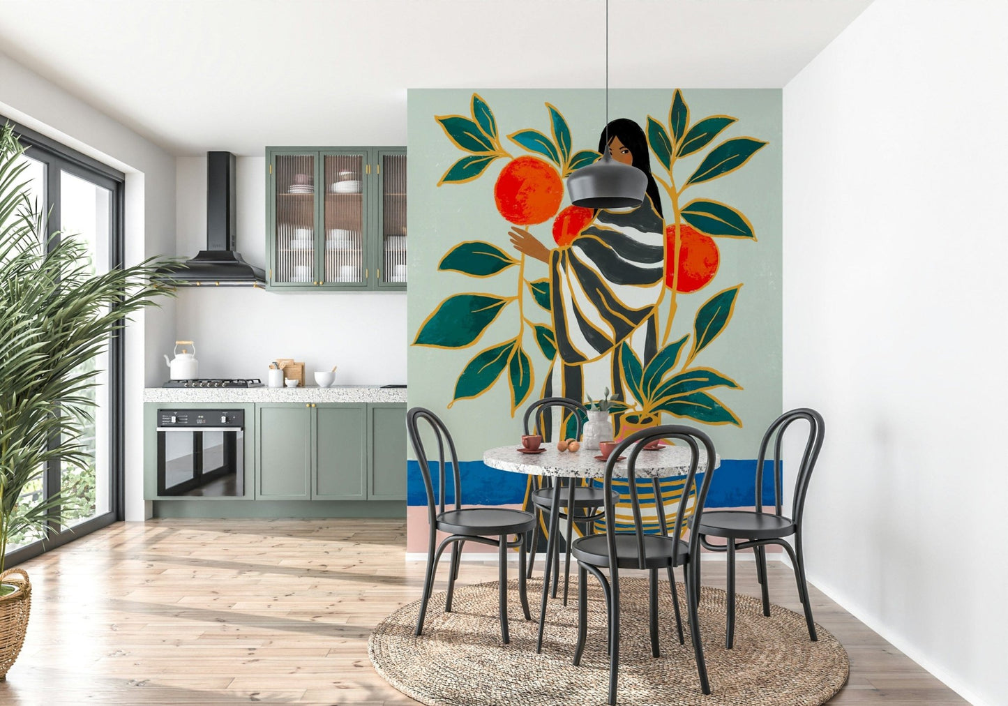 A Dining room feels softer beside The Keeper of Oranges wall mural gentle tones