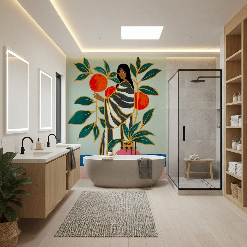 Bathroom focus shifts with The Keeper of Oranges wall mural composition