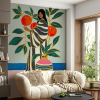 A living room feels expressive with The Keeper of Oranges wall mural presence