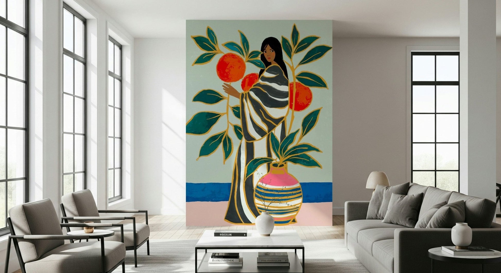 Living room styling gains artistic depth through The Keeper of Oranges wall mural