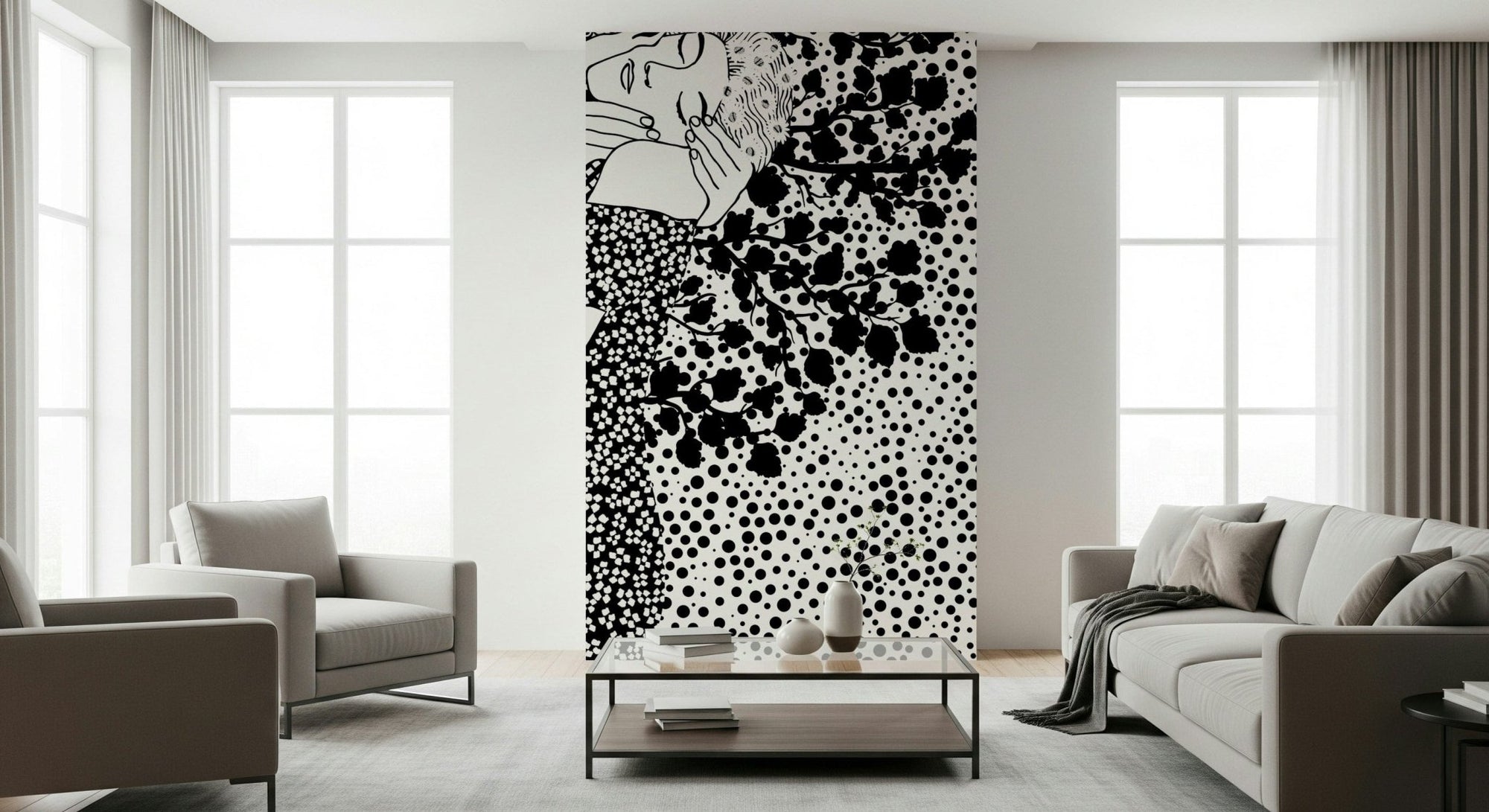 The Kiss II Wall Mural displayed in a high-ceilinged room as feature wallpaper., GD7855
