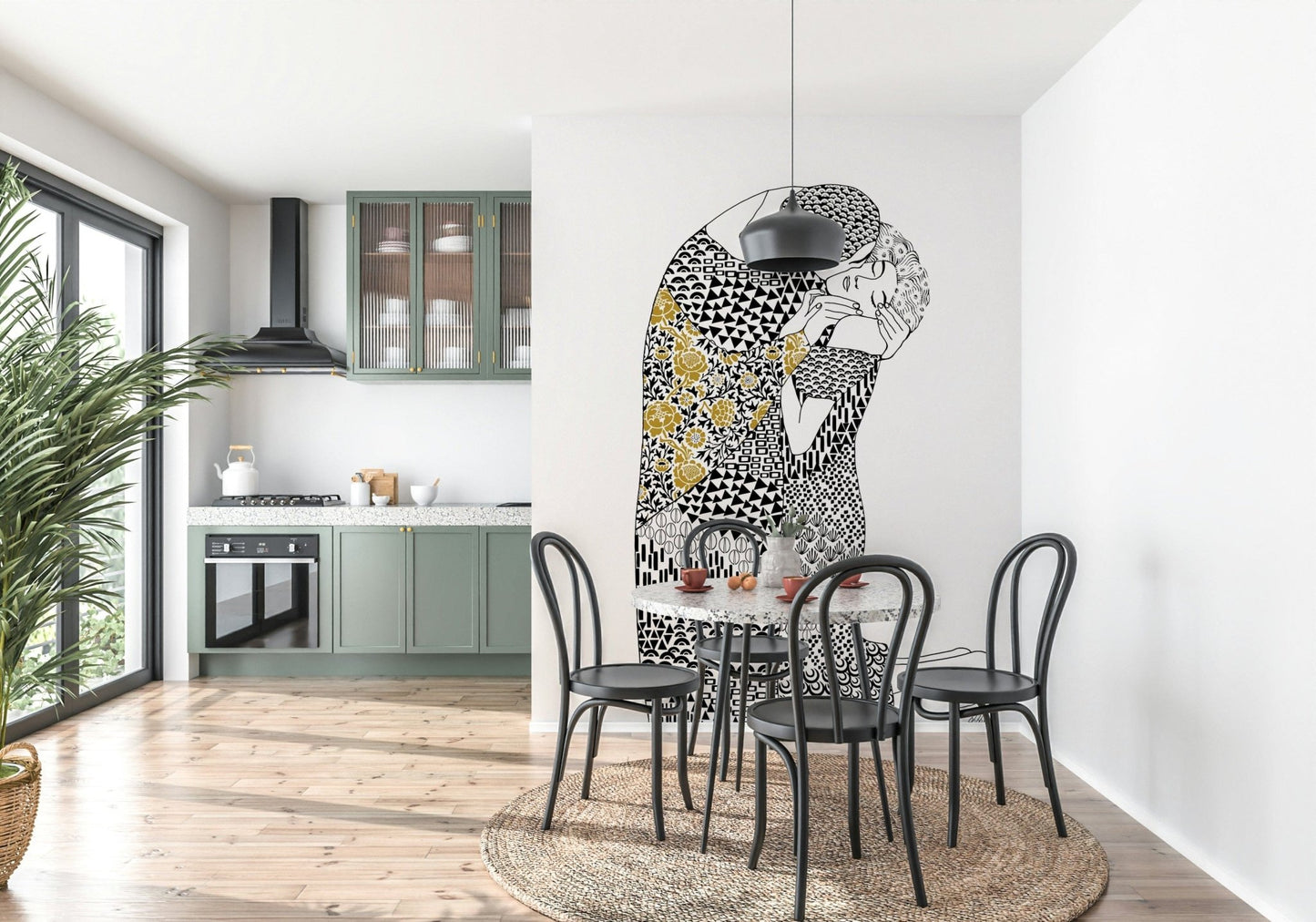 The Kiss wall mural with gold leaf effects for a dining area., GD7838