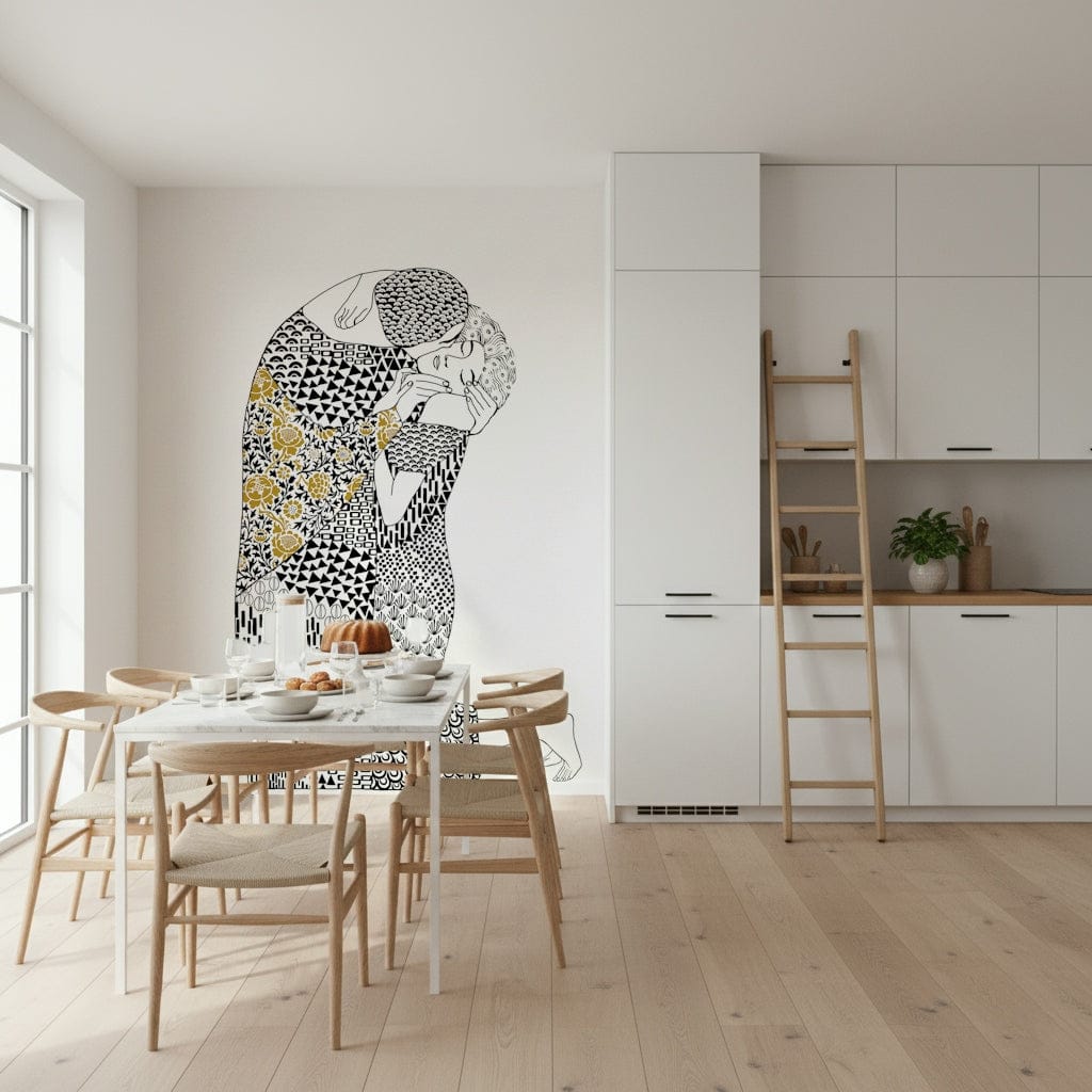 The Kiss wall mural featuring iconic gold patterns for a living room.