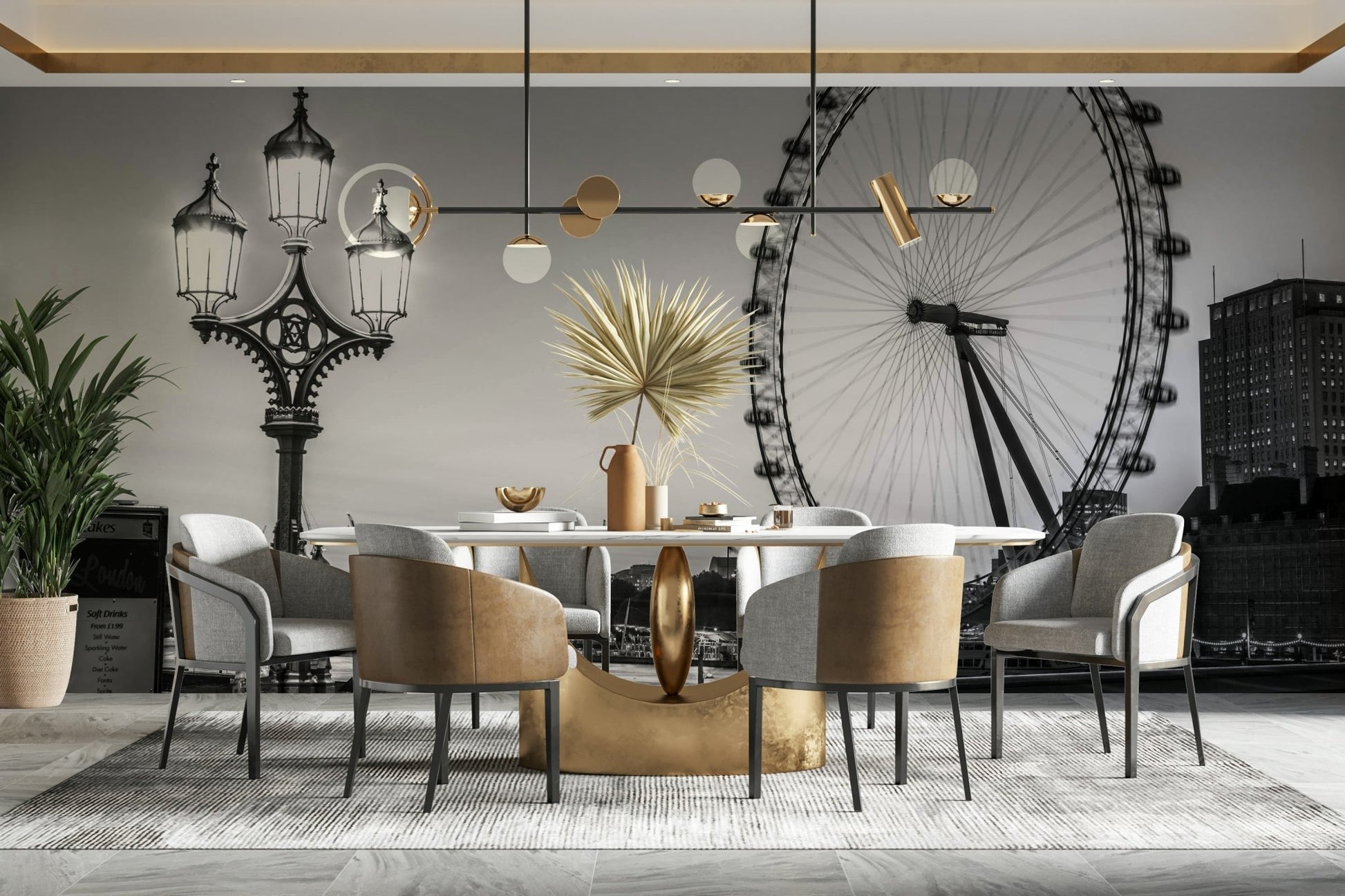 The street lamp is ornate with three bright globes.

