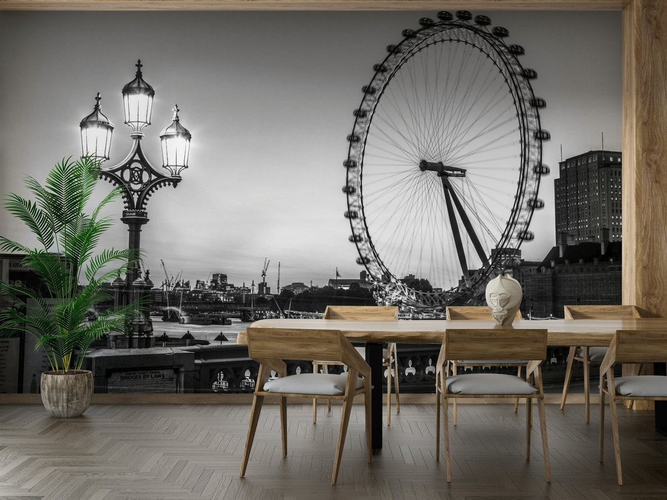 A wall mural of a giant Ferris wheel and a street lamp.

