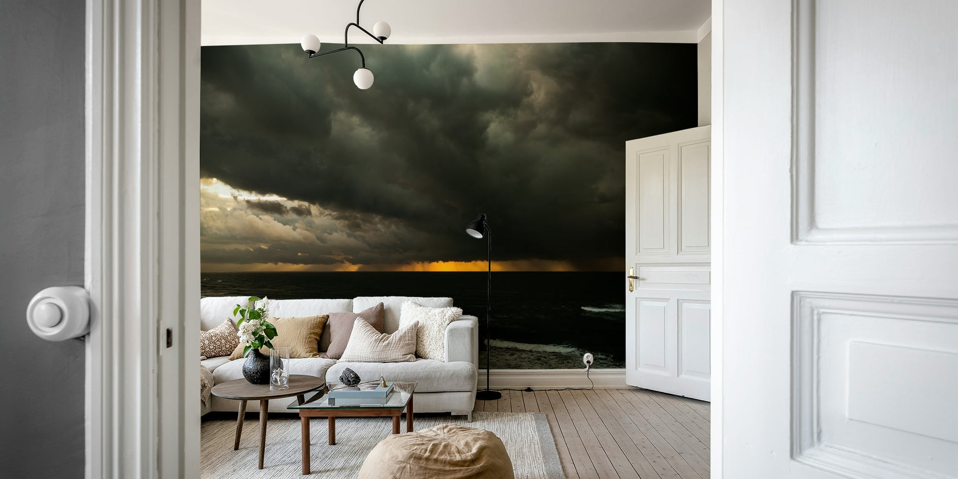 A calming abstract design wallpaper mural that defines a space.

