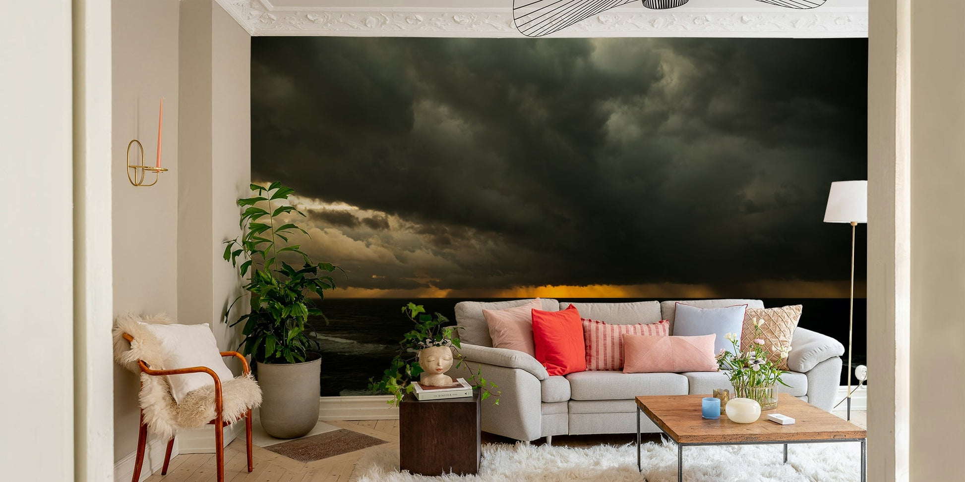 An artistic abstract design mural on minimalist wallpaper.

