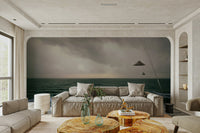 A peaceful color gradient mural on decorative wallpaper.

