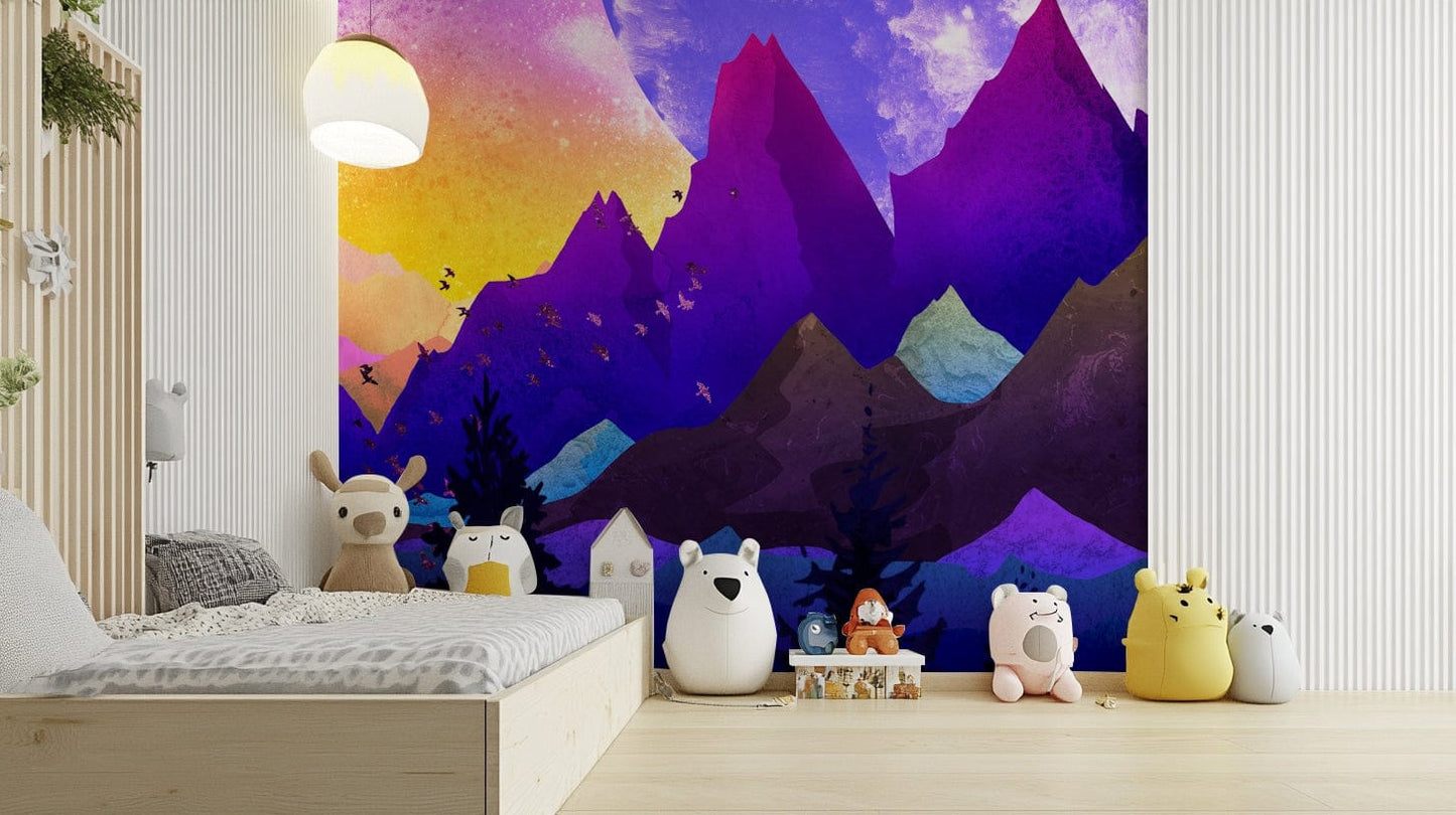 Whimsical mountain mural in full color

